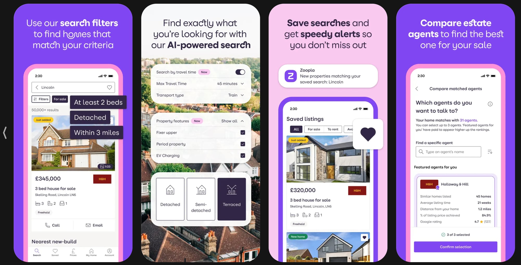 Zoopla: экраны поиска, фильтров и сохранённых запросов