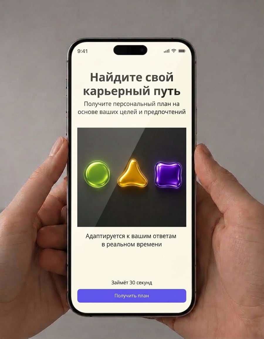 Стартовый экран Mevo: «Найдите свой карьерный путь» — план адаптируется к ответам в реальном времени