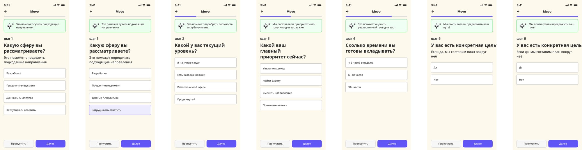 Последовательность экранов опроса: система собирает сигналы о целях и опыте