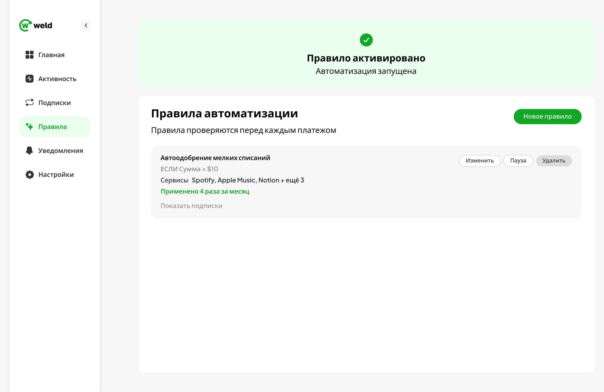 Список «Правила автоматизации»: активированное правило, сколько раз сработало, каких сервисов касается