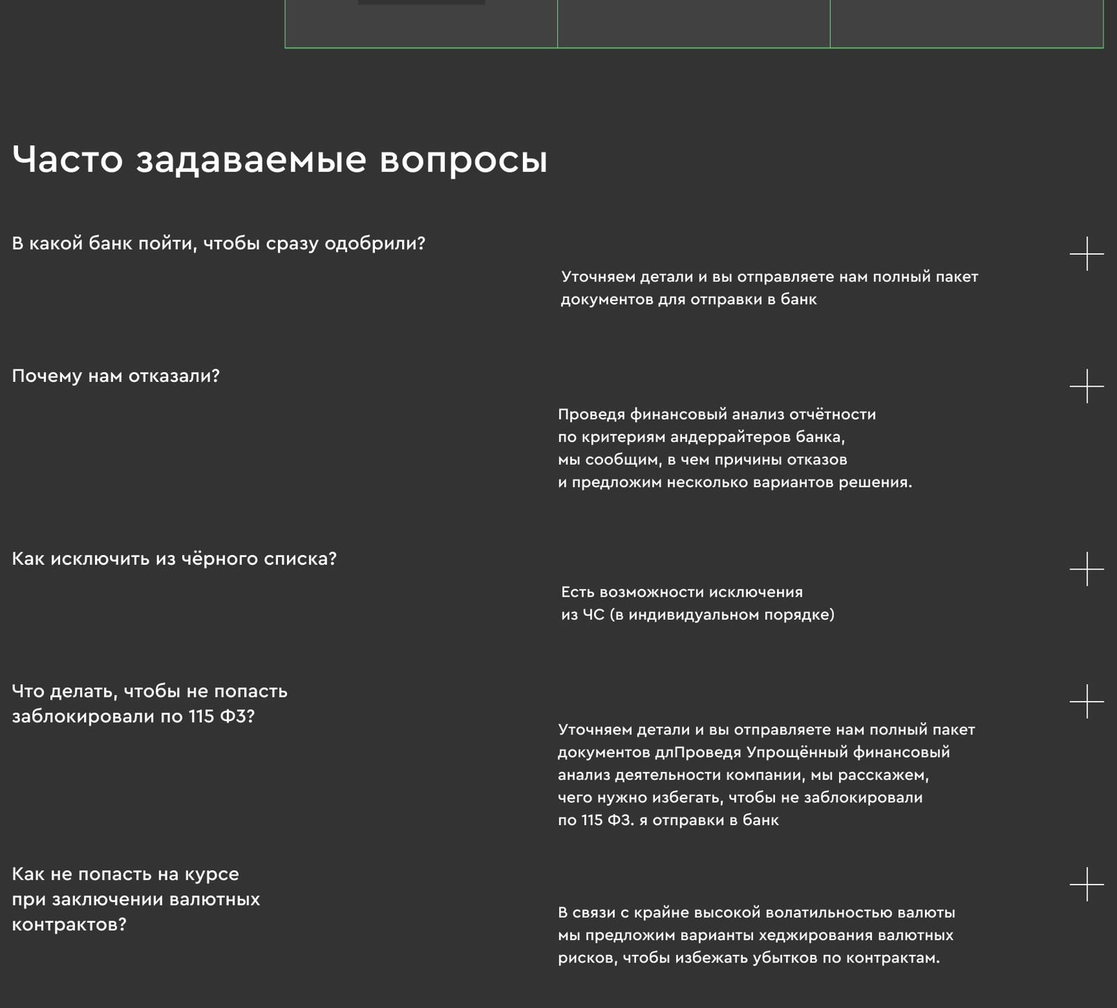 Блок «Часто задаваемые вопросы» с раскрывающимися ответами